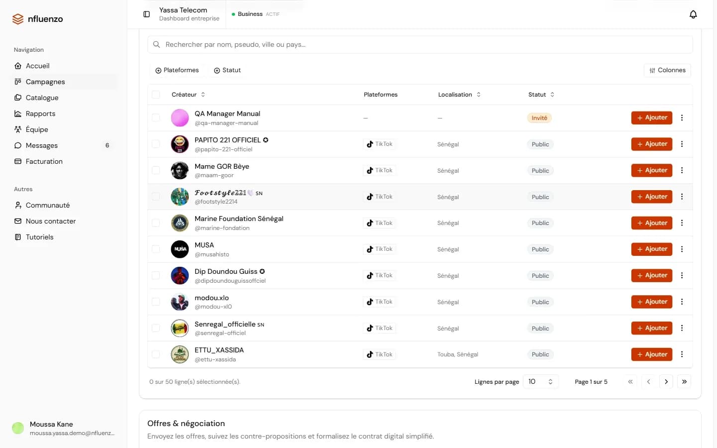 Catalogue de créateurs Nfluenzo avec filtres par plateforme et statut, et un bouton Ajouter pour chaque ligne.